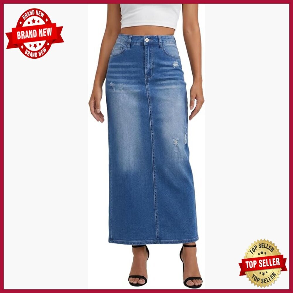 High Waisted Distressed Denim Maxi Skirt with Back Slit and Pockets